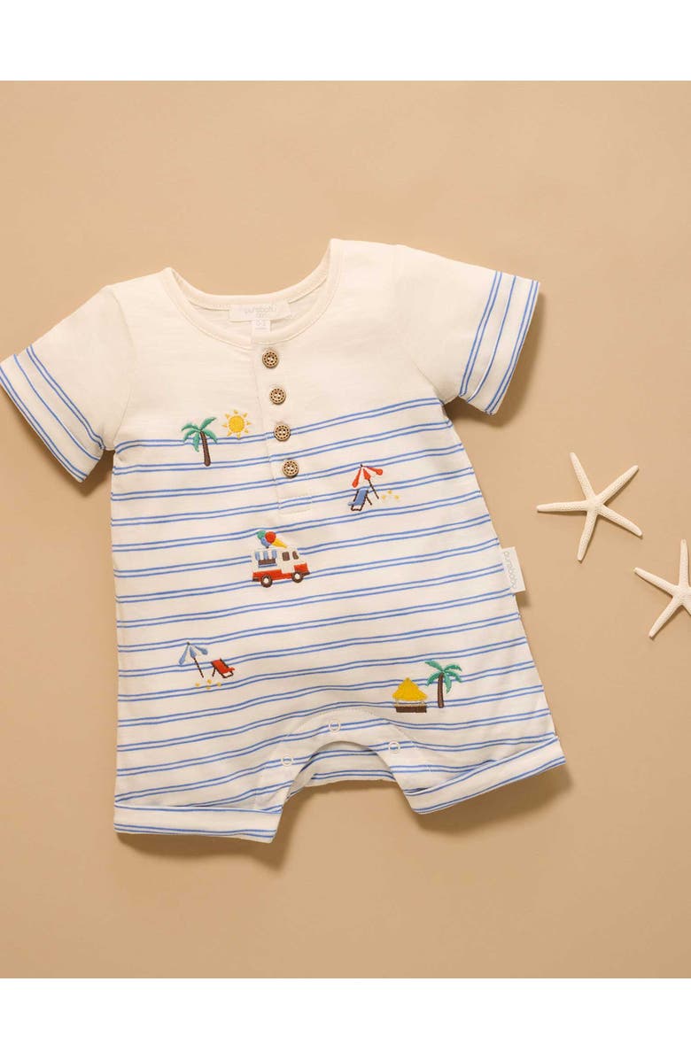 Purebaby Resort Striped Romper, Alternate, color, Pacific Mini Stripe