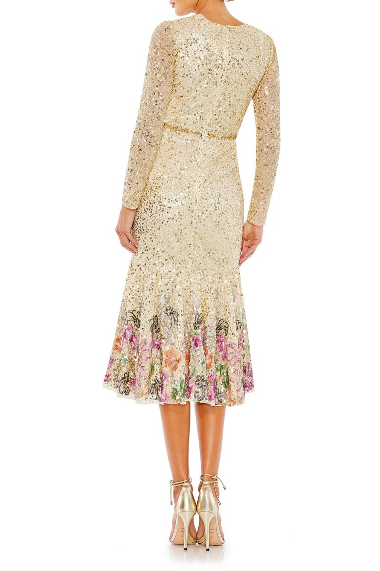 Faux Wrap Long Sleeve Tea Length Dress, Alternate, color, GOLD MULTI