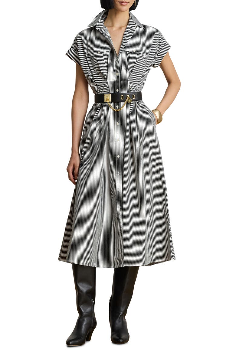 Striped Pleated Broadcloth Midi Shirtdress, Main, color, BLACK/ WHITE