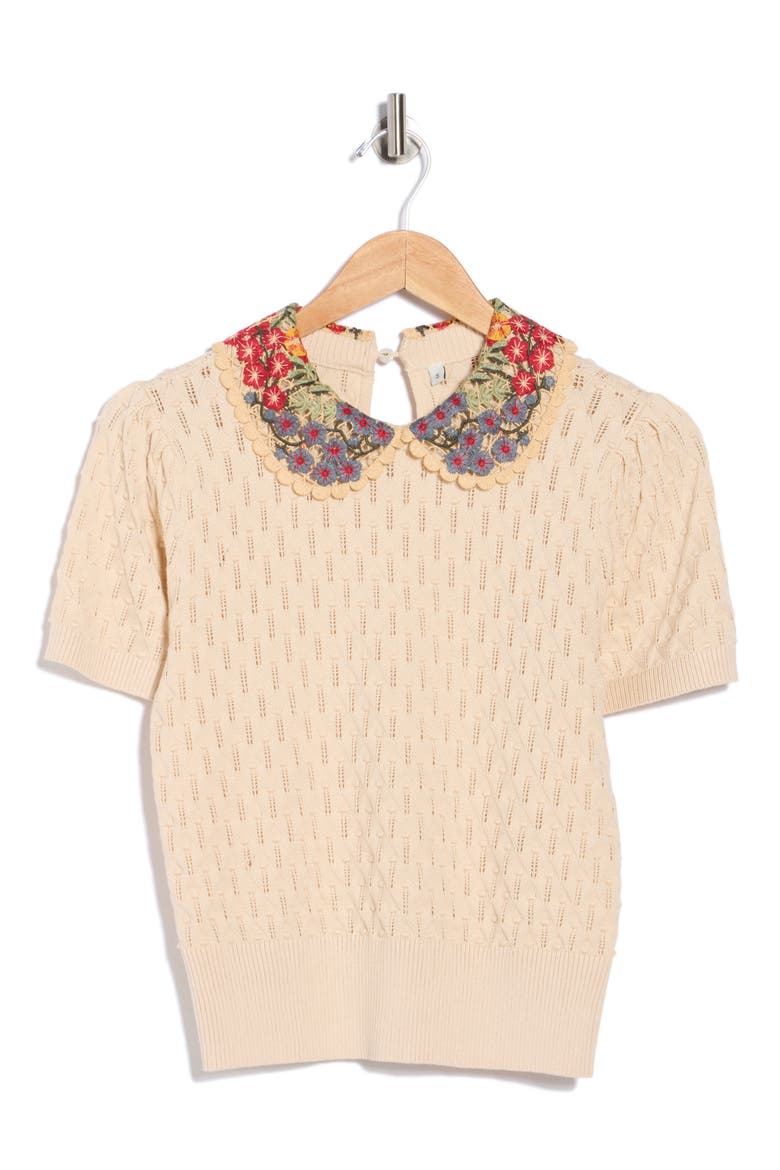 Enya Rosebud Collared Short Sleeve Sweater, Alternate, color, CLOUD DANCER W/ MULTI COLLAR