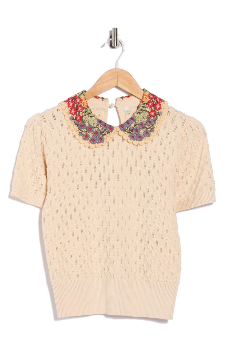 Love By Design Enya Rosebud Collared Short Sleeve Sweater, Alternate, color, Cloud Dancer W/ Multi Collar