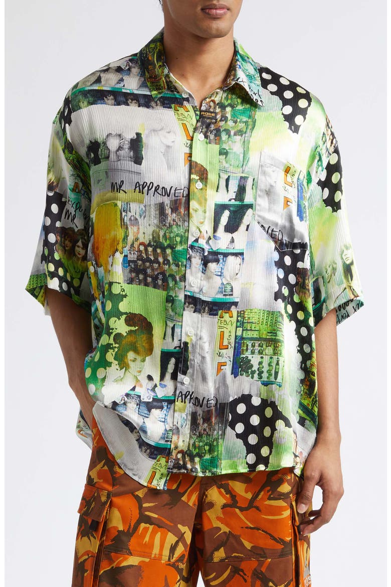 Patchwork Print Boxy Silk Button-Up Shirt, Main, color, GREEN WIGZ