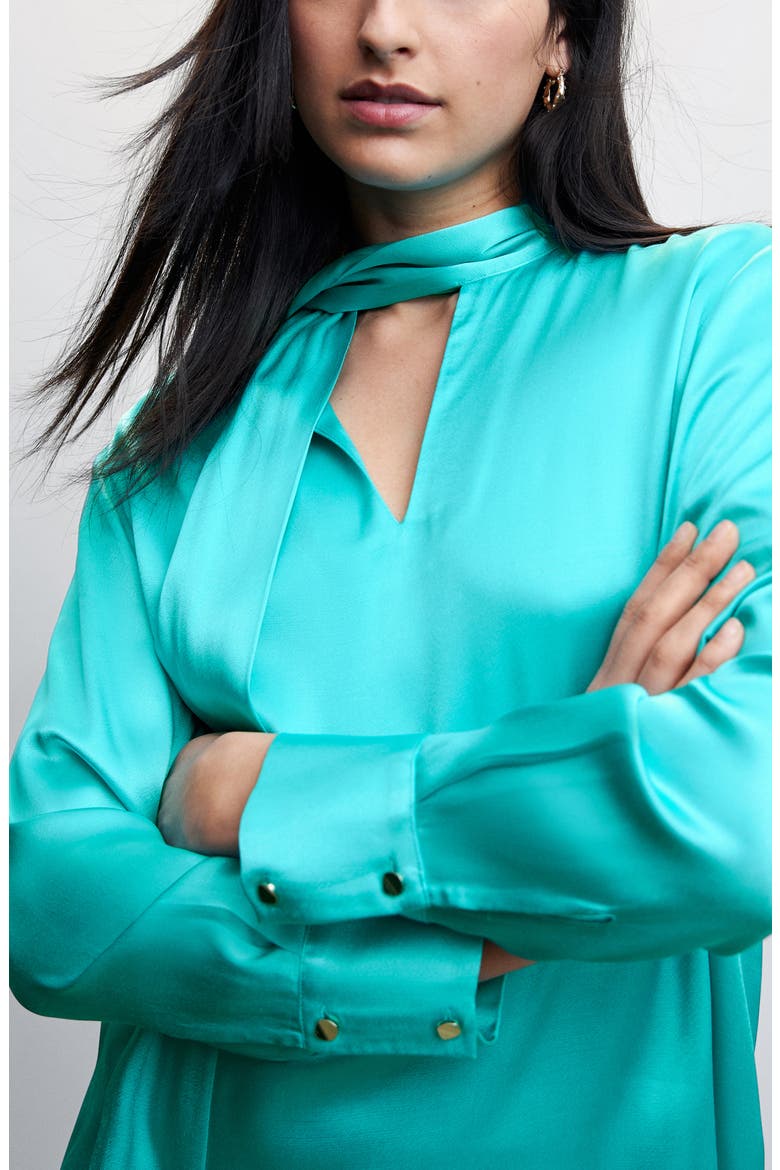 Tie Neck Satin Blouse, Alternate, color, TURQUOISE