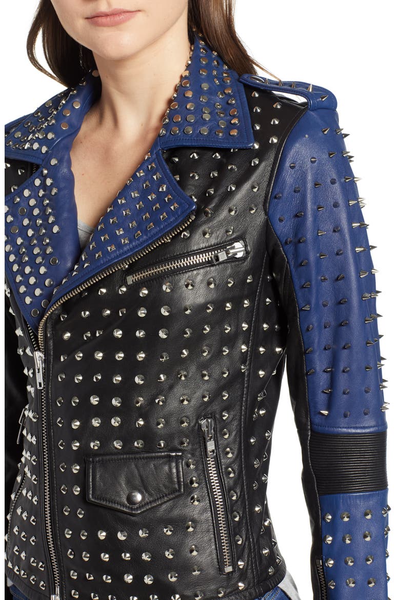 Colorblock Studded Lambskin Leather Biker Jacket, Alternate, color, ONYX/ INK