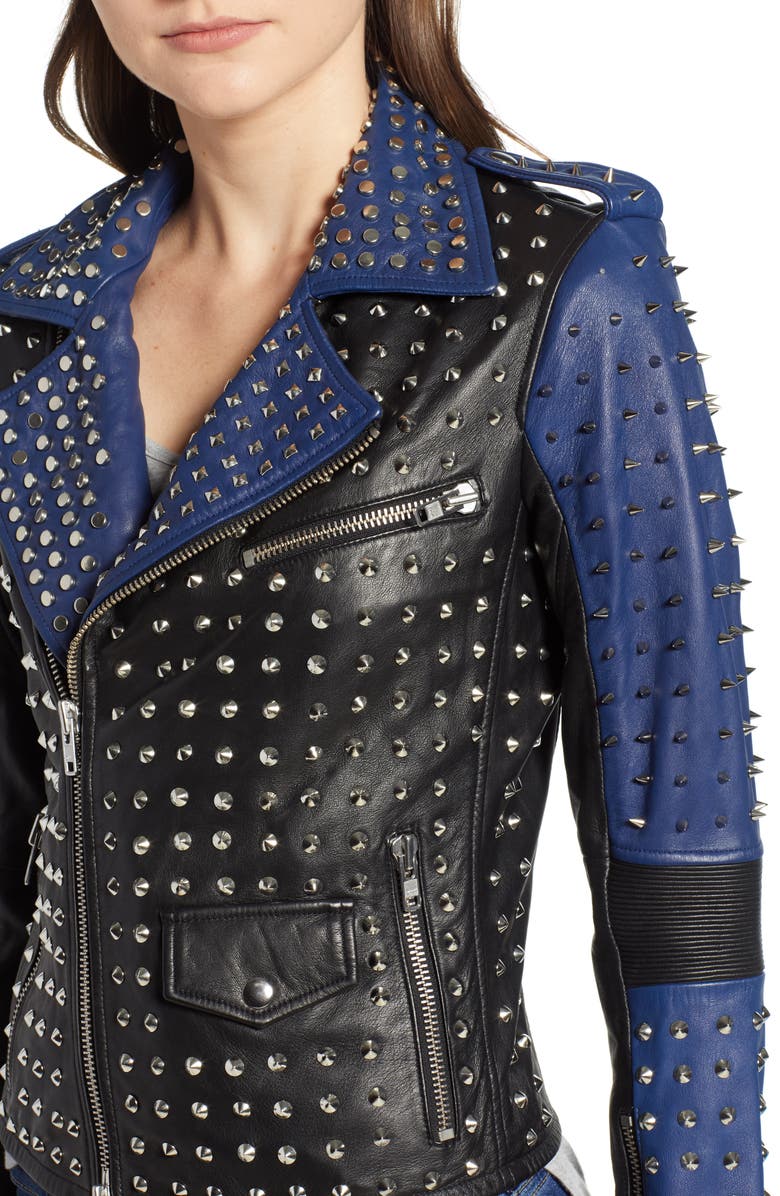 Hudson Jeans Colorblock Studded Lambskin Leather Biker Jacket, Alternate, color,