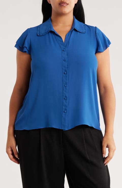 Tiered Flutter Sleeve Button-Up Shirt (Plus)