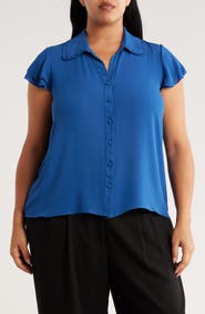 T Tahari Tiered Flutter Sleeve Button-Up Shirt