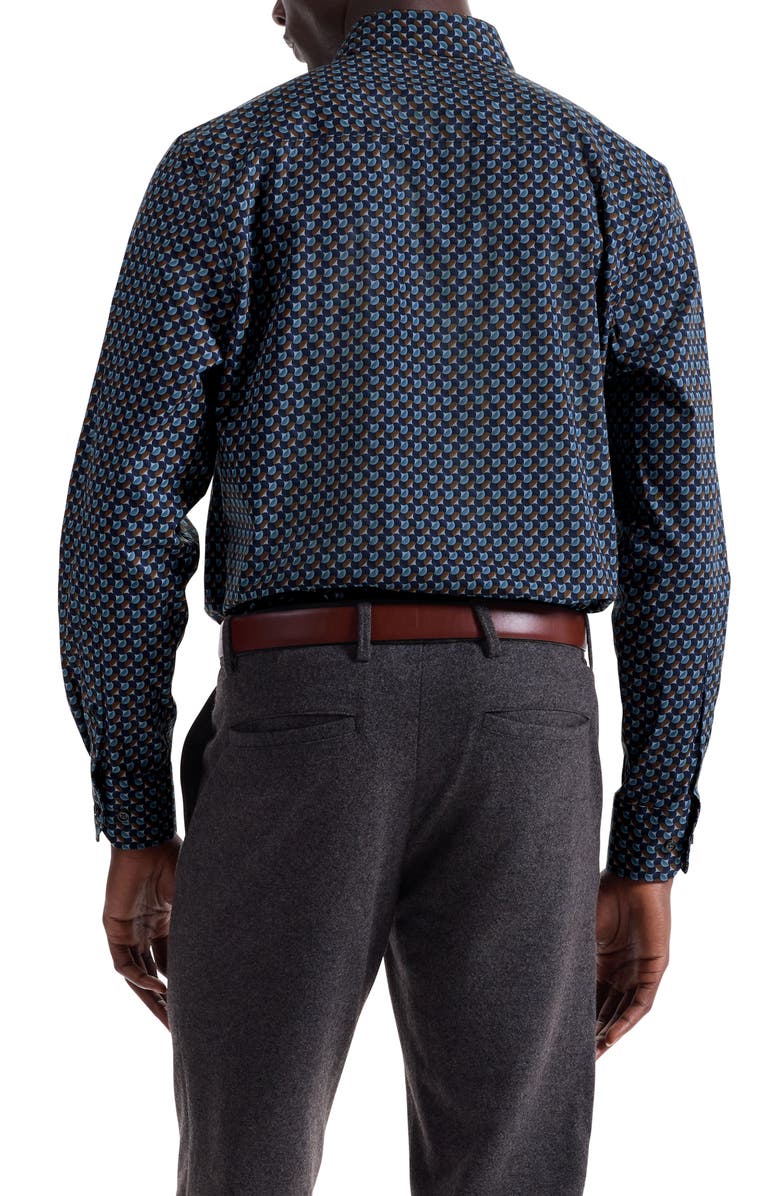 Bugatchi Julian Shaped Fit Geo Print Stretch Cotton Button-Up Shirt, Alternate, color, Teal