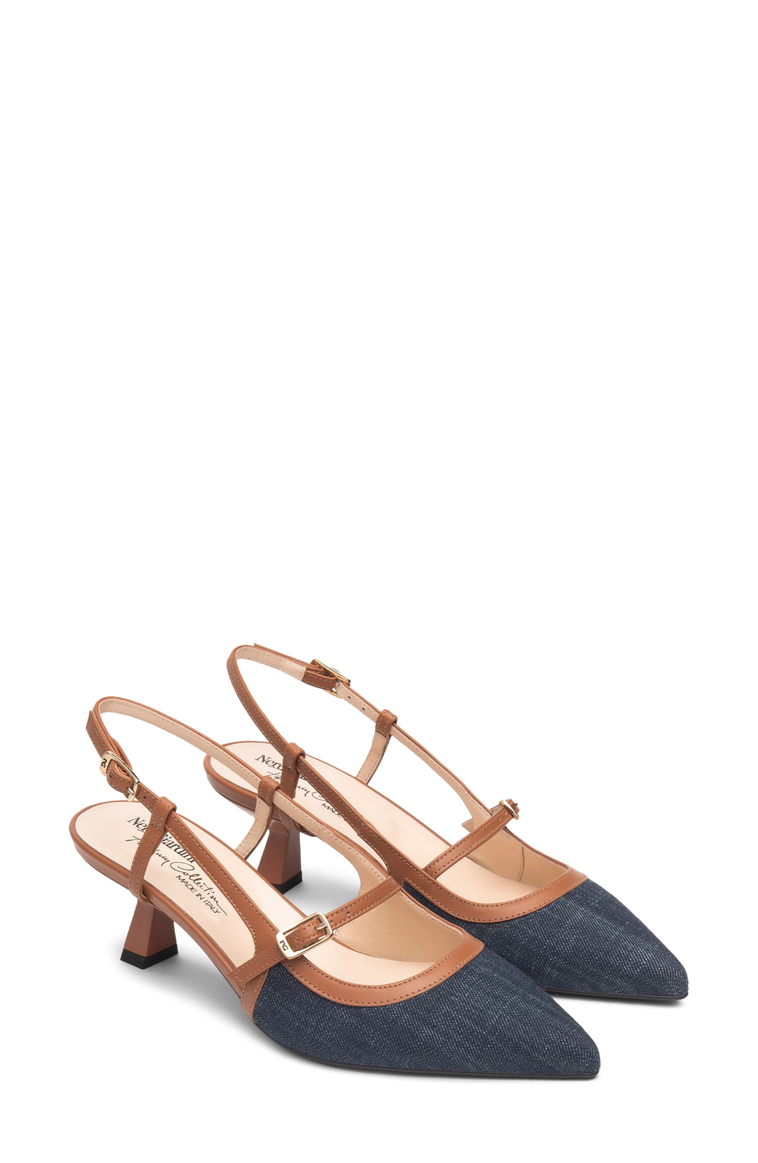 NeroGiardini Slingback Pointed Toe Pump, Main, color, Blue Jeans/ Cognac