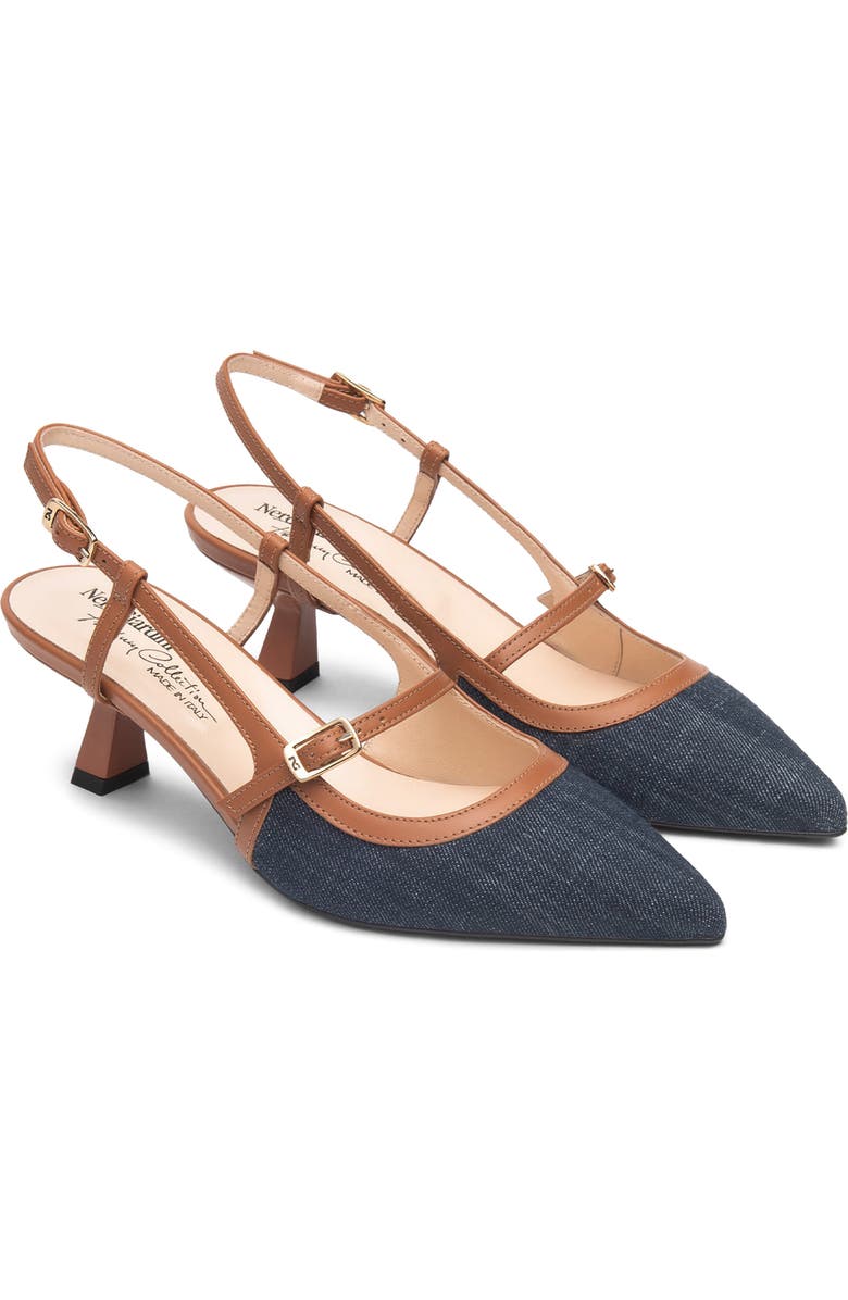 NeroGiardini Slingback Pointed Toe Pump, Main, color, Blue Jeans/ Cognac