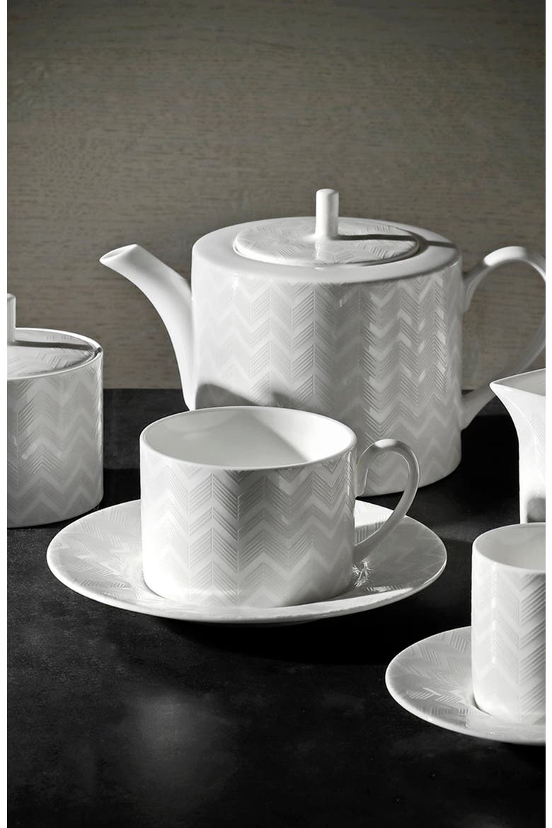 Tea Cup & Saucer ZIG ZAG Set of 6 in Luxury Box White diam. 3.3", H 2.3", cap. 7.5 oz, Saucer diam. 6", Alternate, color, White