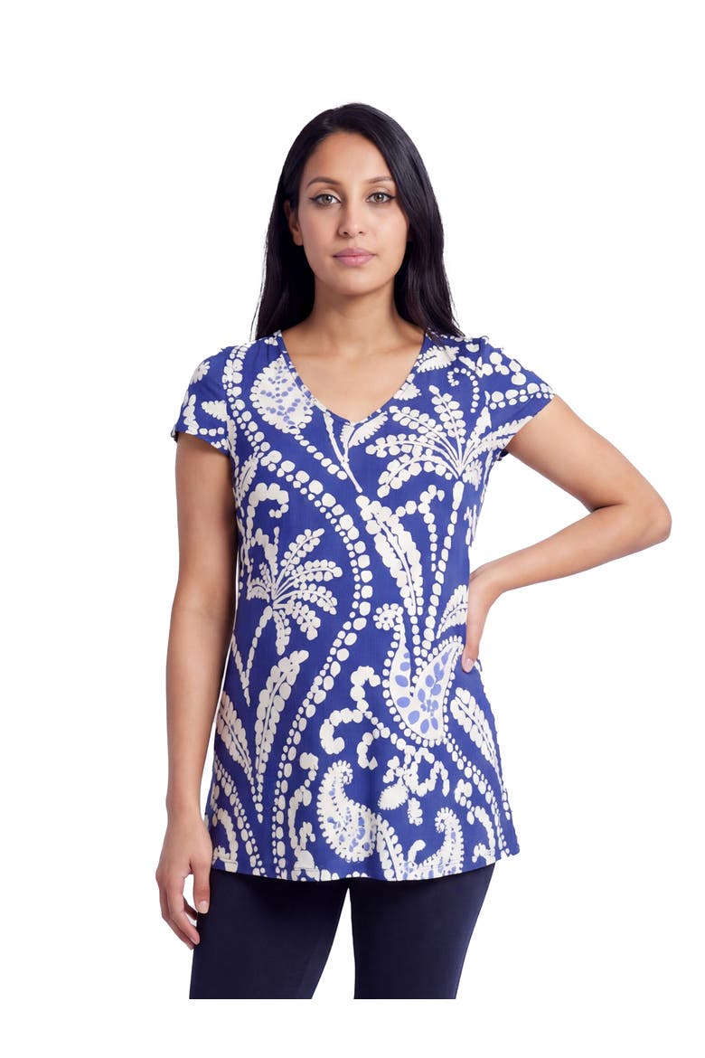 Maternity Basic Paisley Print V-Neck Short Sleeve Flared Tunic Top, Main, color, Blue Multi