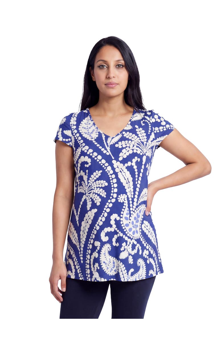 24seven Comfort Apparel Maternity Basic Paisley Print V-Neck Short Sleeve Flared Tunic Top, Main, color, Blue Multi