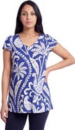 24seven Comfort Apparel Maternity Basic Paisley Print V-Neck Short Sleeve Flared Tunic Top