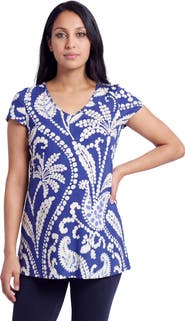 24seven Comfort Apparel Maternity Basic Paisley Print V-Neck Short Sleeve Flared Tunic Top
