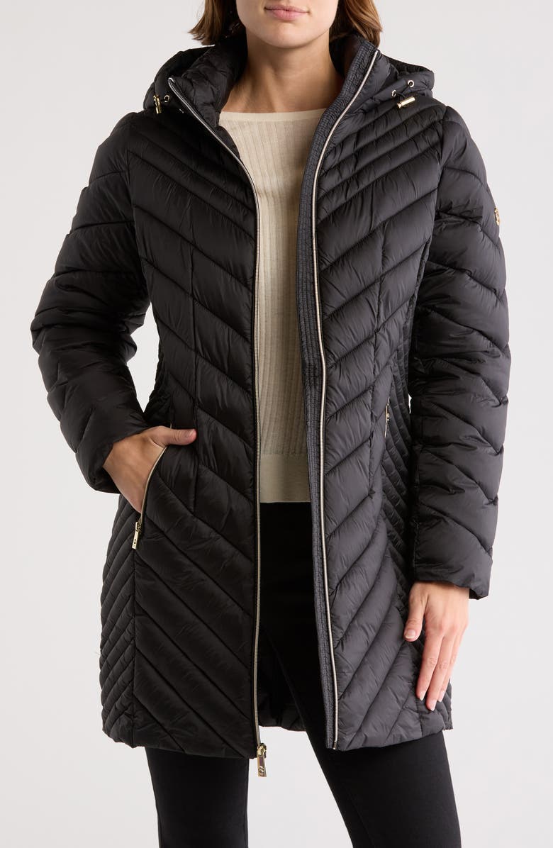 Michael Kors Hooded Chevron Quilted Long Puffer Jacket, Alternate, color,