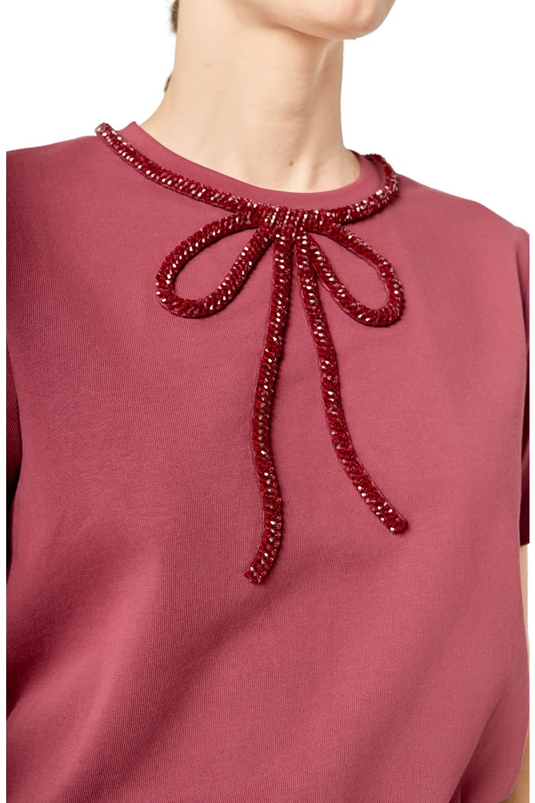 Beaded Bow Cotton T-Shirt, Alternate, color, BURGUNDY