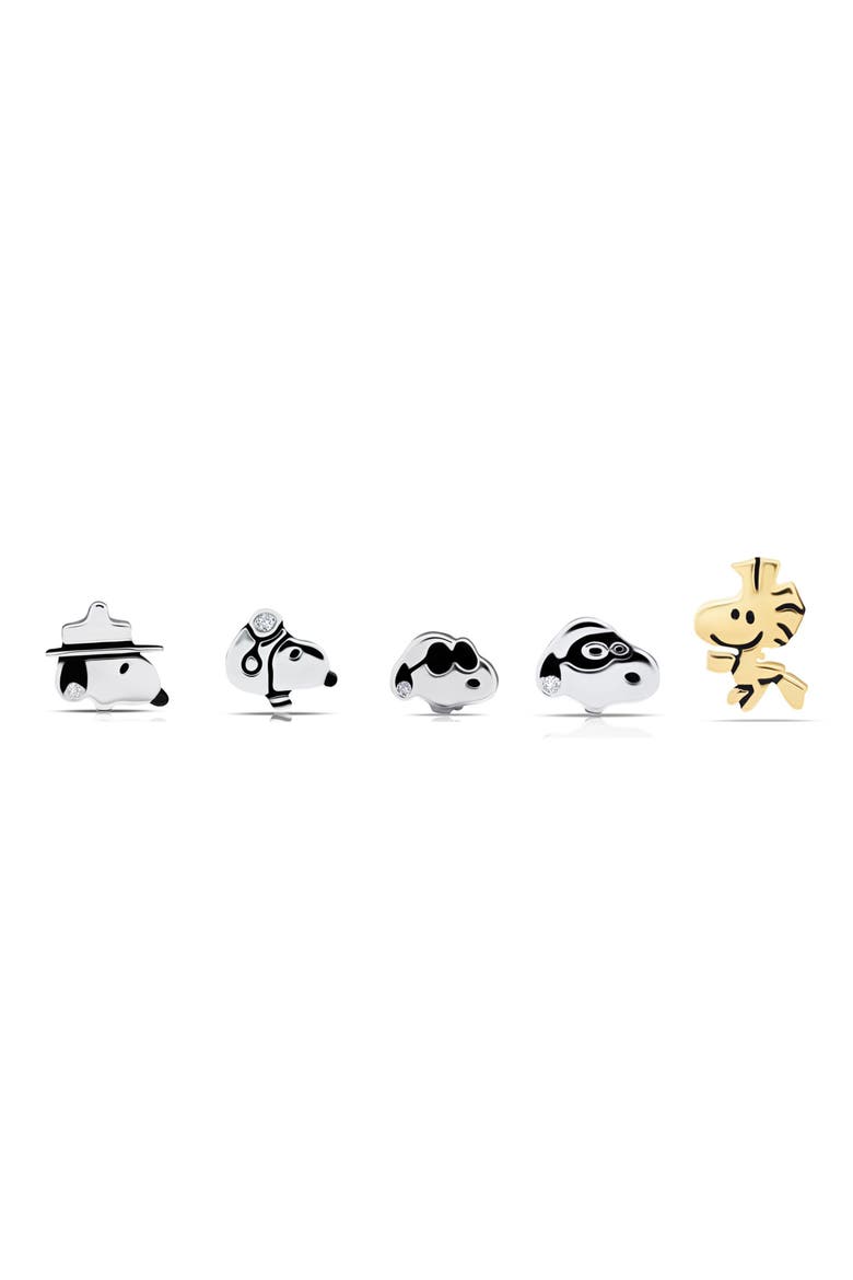 x Peanuts® Snoopy & Woodstock Set of 5 Assorted Single Stud Earrings, Main, color, PURE PLATINUM / CLEAR STONE