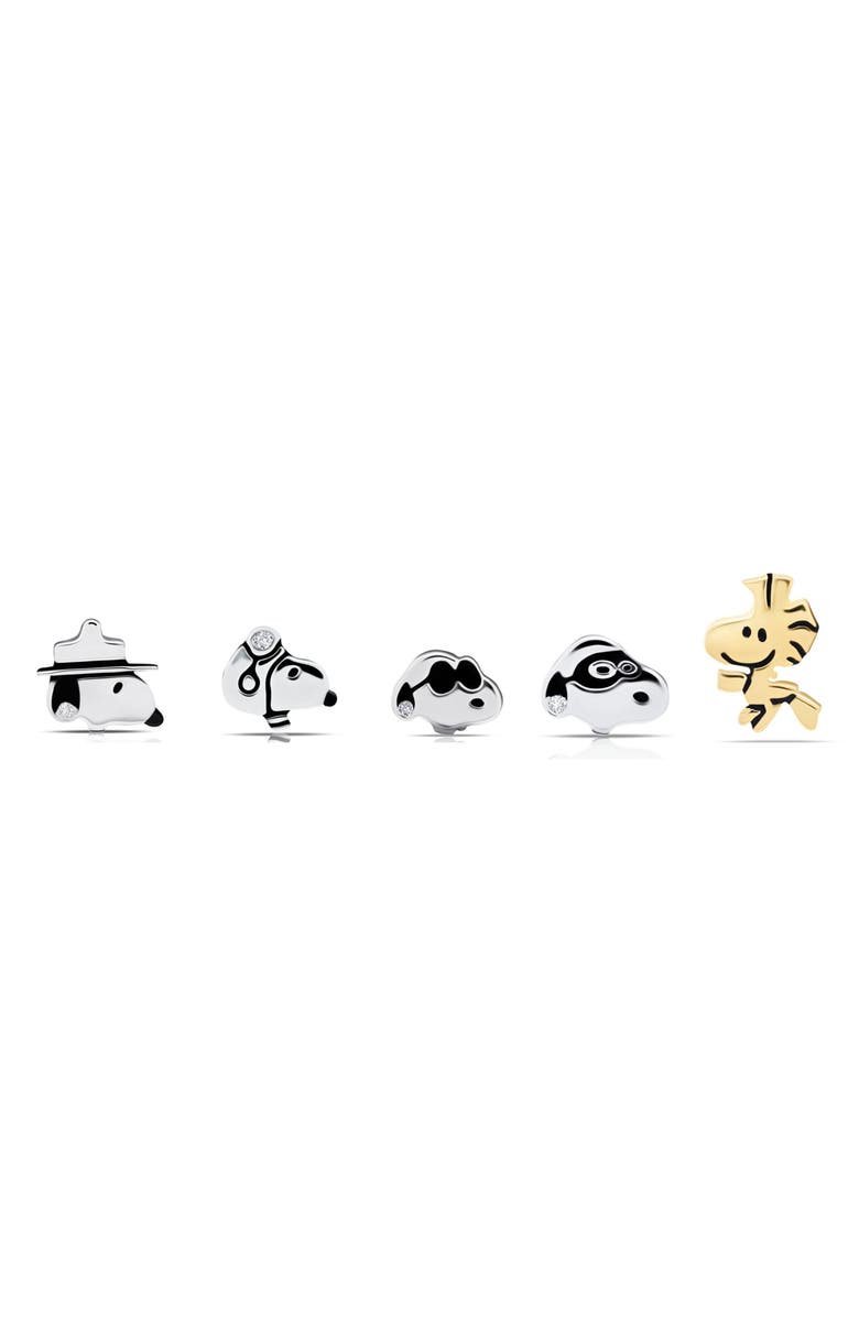Crislu x Peanuts<sup>®</sup> Snoopy & Woodstock Set of 5 Assorted Single Stud Earrings, Main, color, Pure Platinum / Clear Stone