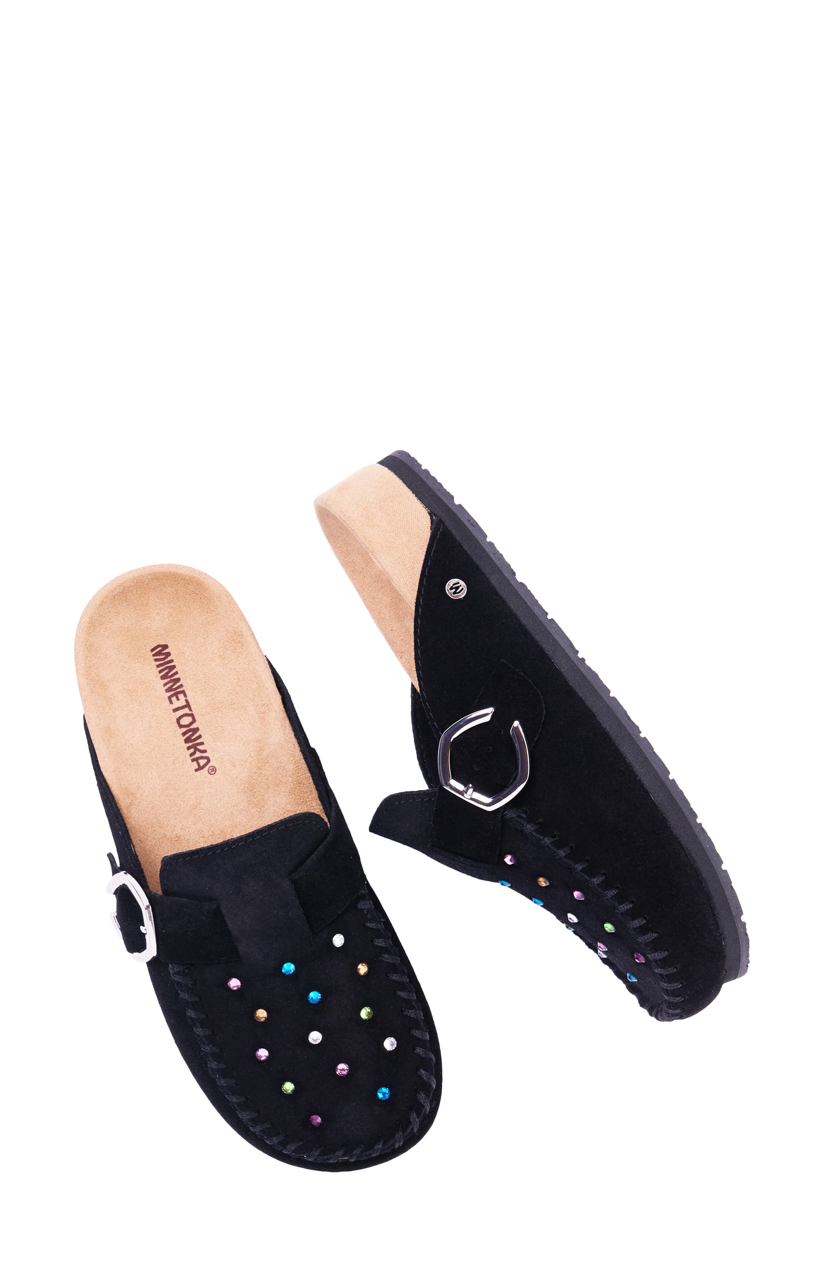 Rhinestone Buckle Clog, Alternate, color, BLACK