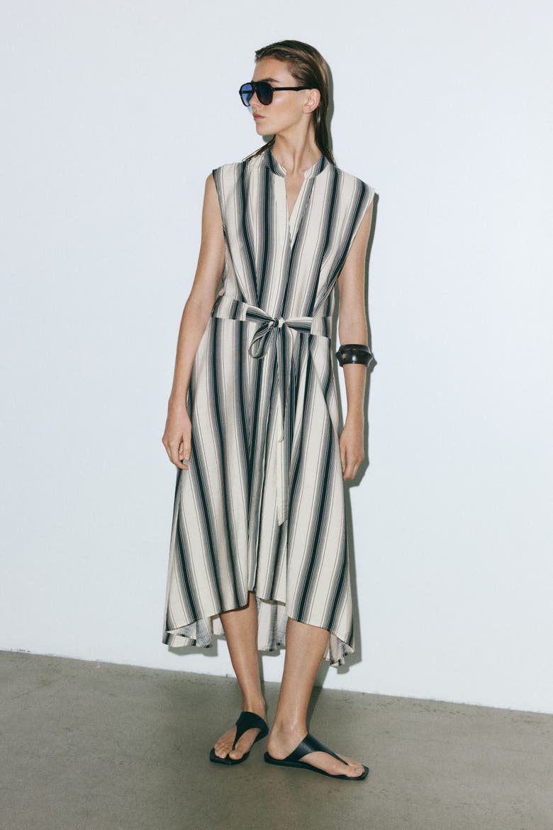 Tie-belt Shirt Dress, Alternate, color, Cream/black striped