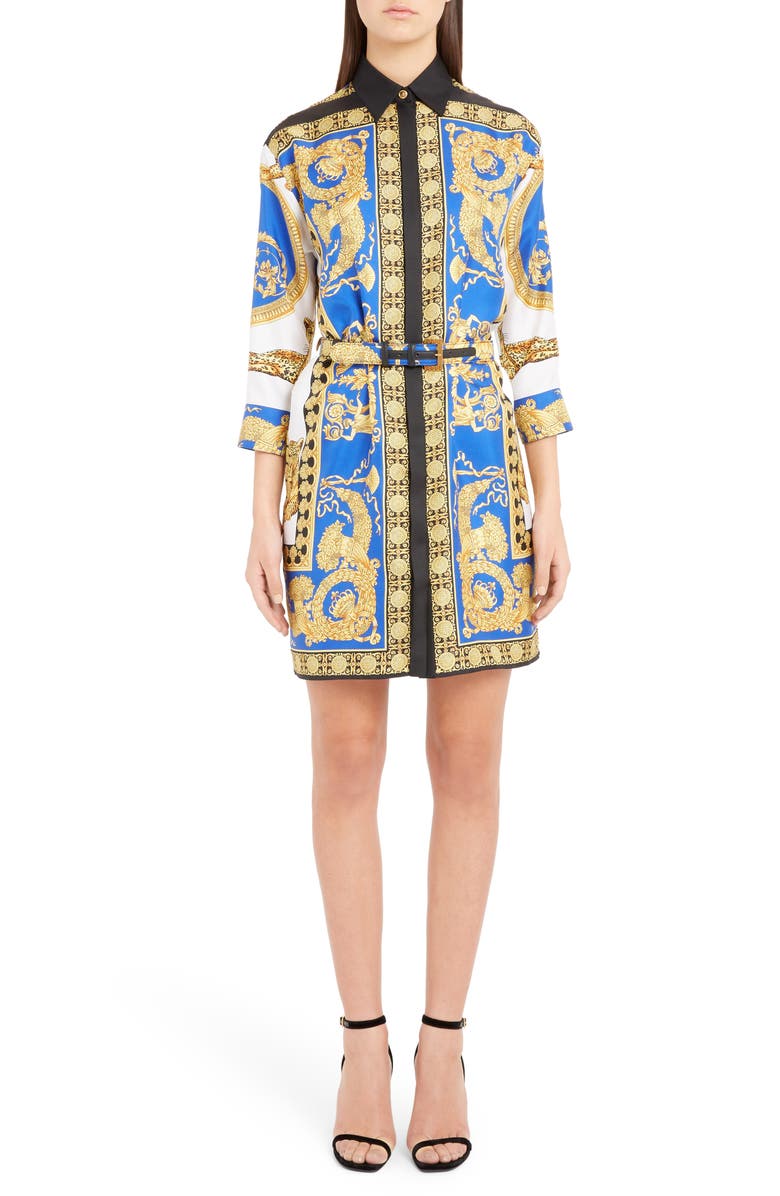 Versace Baroque Leopard Print Belted Silk Shirtdress, Main, color, 