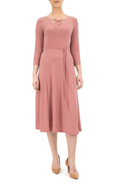 Grommet Split Neck A-Line Midi Dress