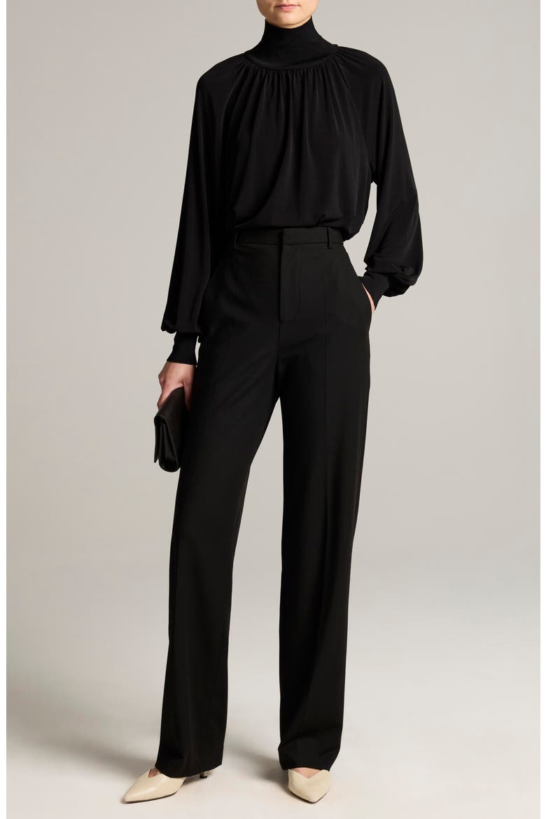 Rib Trim Gathered Long Sleeve Top, Alternate, color, BLACK