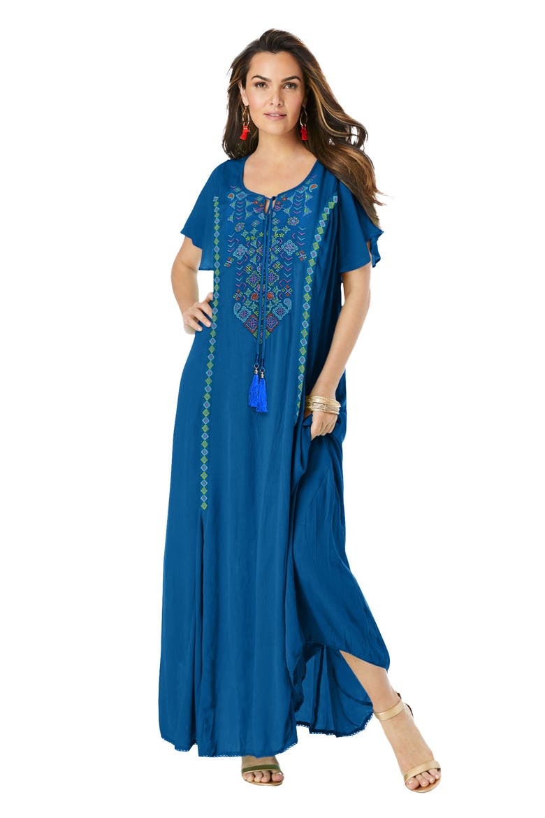 Plus Size Flutter Sleeve Hand Crinkled Maxi Dress Curvy A Line, Main, color, BLUE FOLK EMBROIDERY