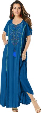 Roaman's Plus Size Flutter Sleeve Hand Crinkled Maxi Dress Curvy A Line