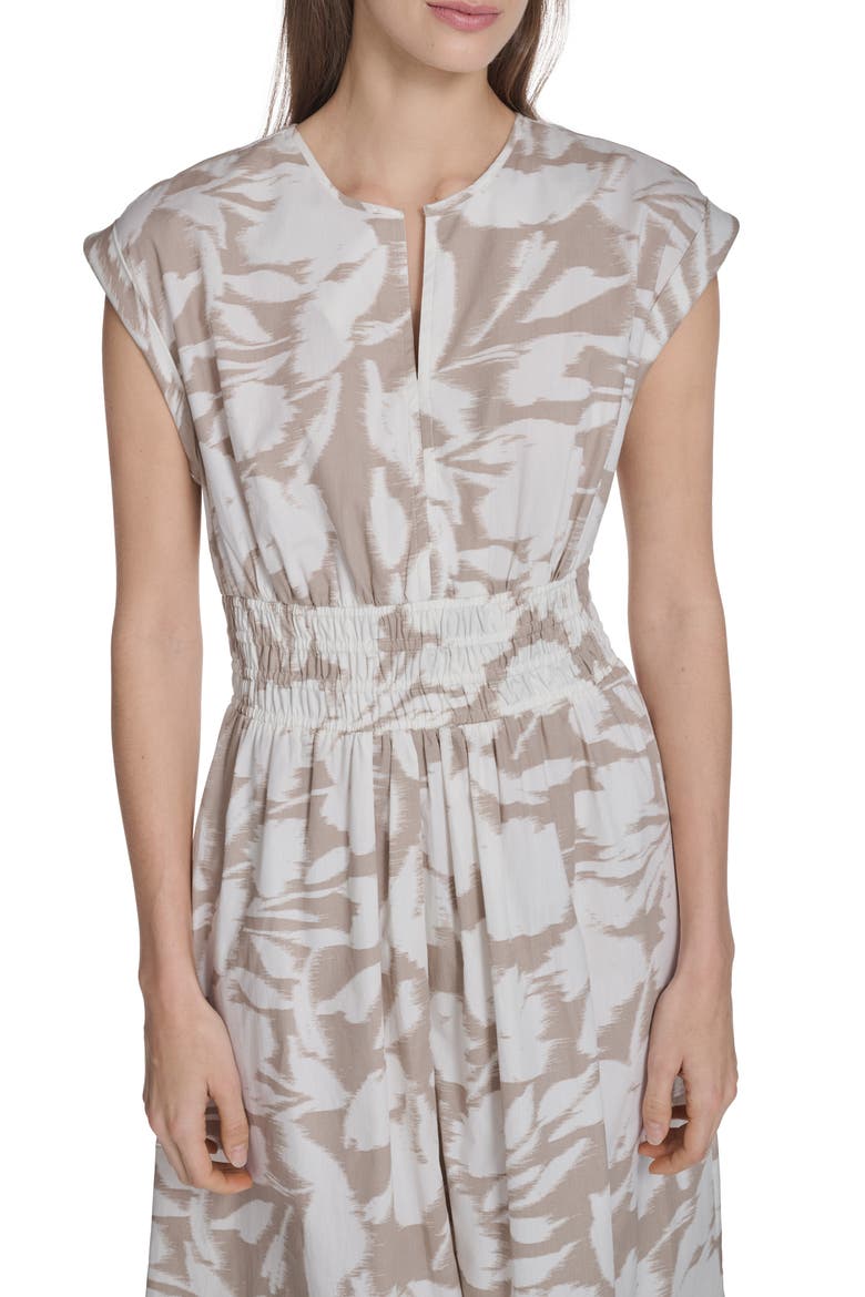 Smocked Fit and Flare Midi Dress, Alternate, color, KHAKI/ CREAM