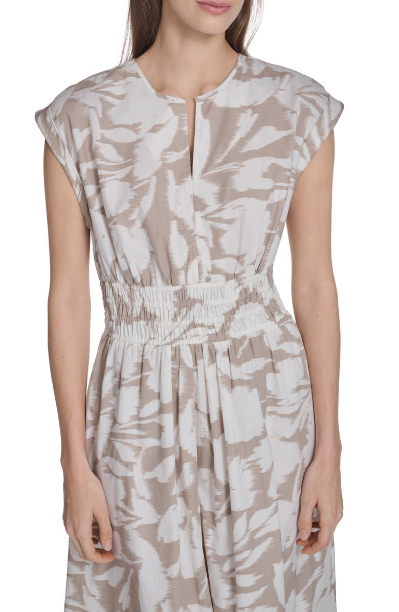 Calvin Klein Smocked Fit and Flare Midi Dress, Alternate, color, Khaki/ Cream