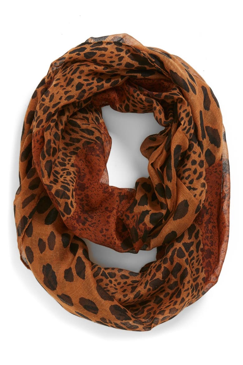 Mixed Leopard Print Infinity Scarf, Main, color, BROWN