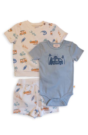 Joy Just Organic You Organic Cotton Bodysuit, Top & Shorts Set In Blue