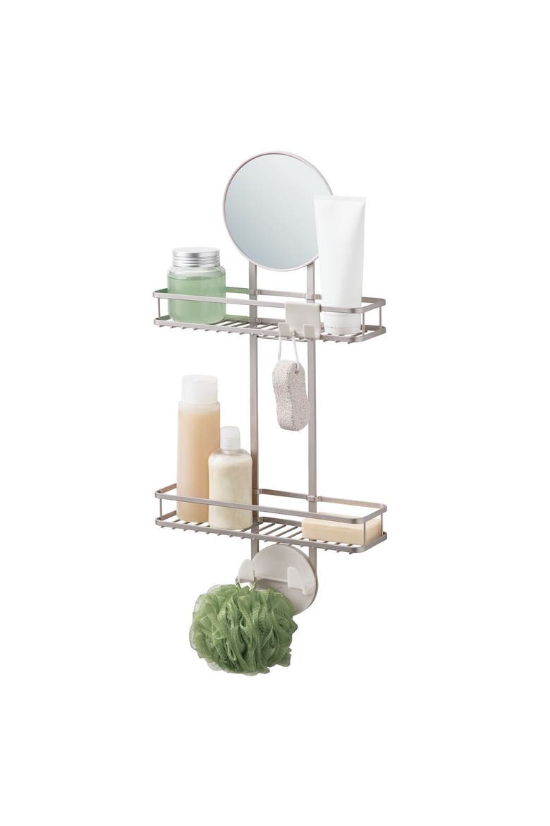 Self-Adhesive Shower Caddy with Mirror & Hooks - Satin, Alternate, color, Satin Silver