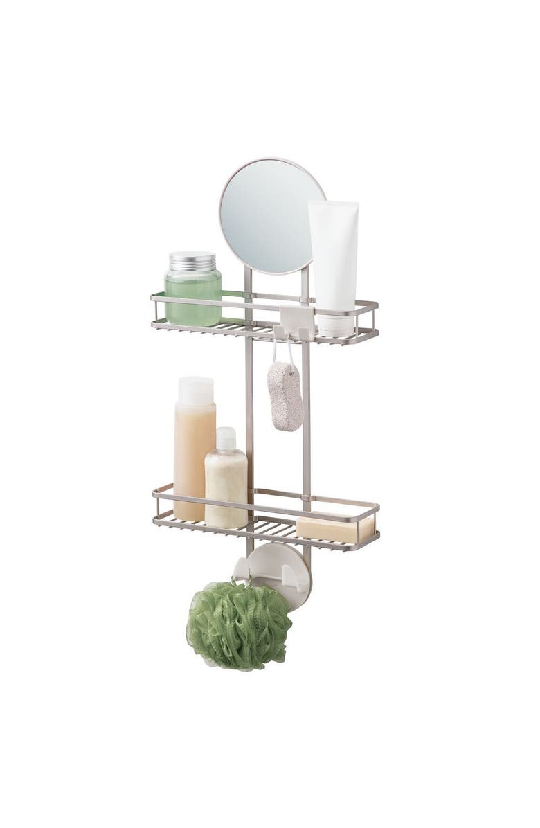 iDesign Self-Adhesive Shower Caddy with Mirror & Hooks - Satin, Alternate, color, Satin Silver