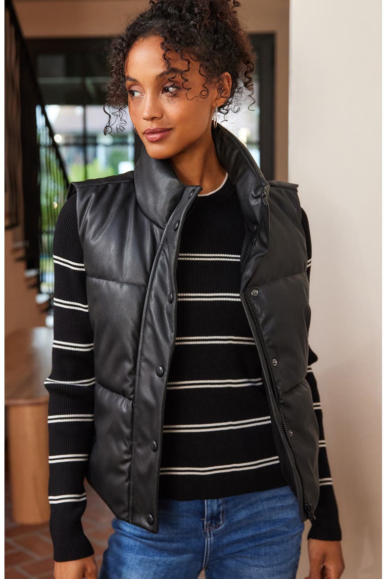 Quilted Faux Leather Puffer Vest, Alternate, color, BLACK
