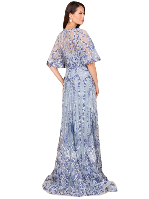 Lara New York Embroidered, Cape Sleeve A-line Gown In Blue