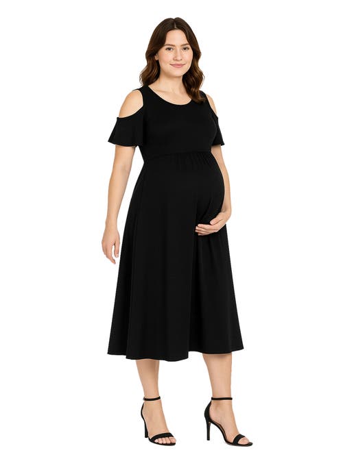 24seven Comfort Apparel Maternity Ruffle Cold Shoulder A-line Maxi Dress In Black