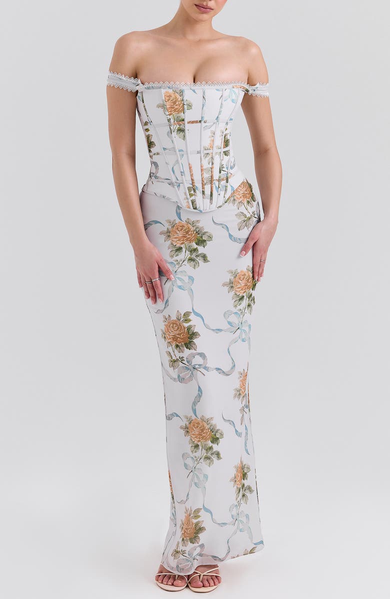 HOUSE OF CB Clemmie Georgette Column Gown, Main, color, Yellow Rose Off White