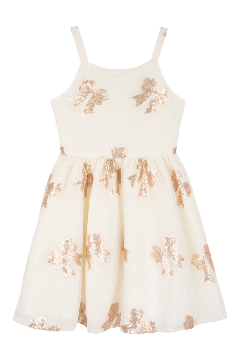 Kids' Sequin Bow Glitter Mesh Dress, Main, color, IVORY