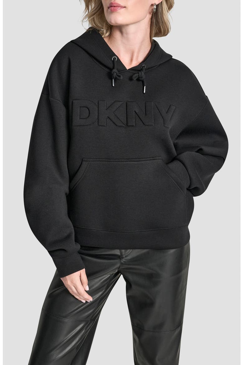 Embossed Logo Scuba Knit Hoodie, Main, color, BLACK