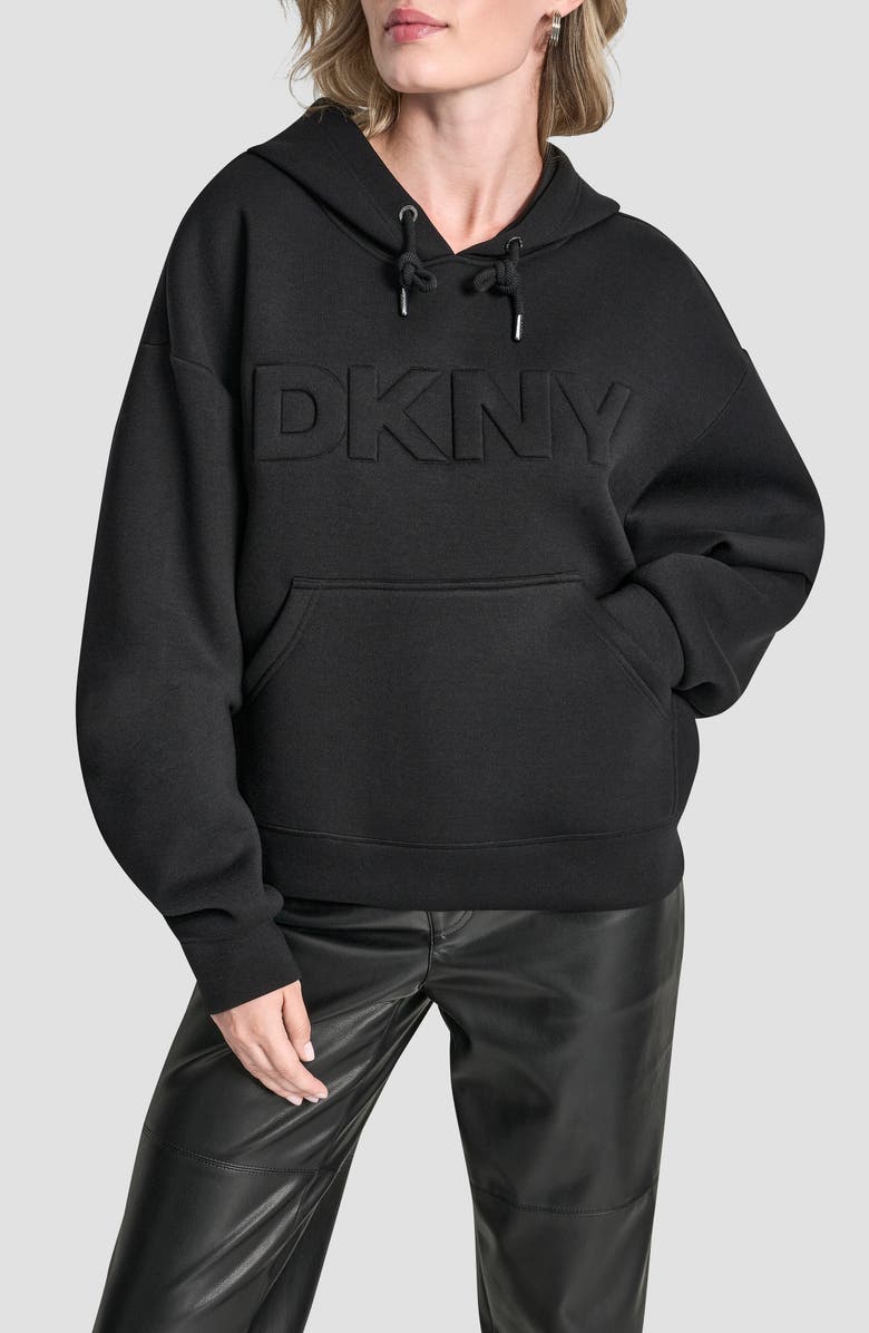 DKNY Embossed Logo Scuba Knit Hoodie, Main, color, Black