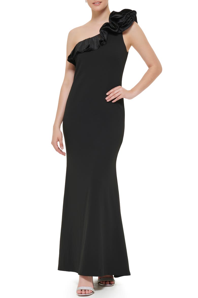 One Shoulder Ruffle Crepe Gown, Main, color, BLACK