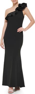 Jessica Howard One Shoulder Ruffle Crepe Gown
