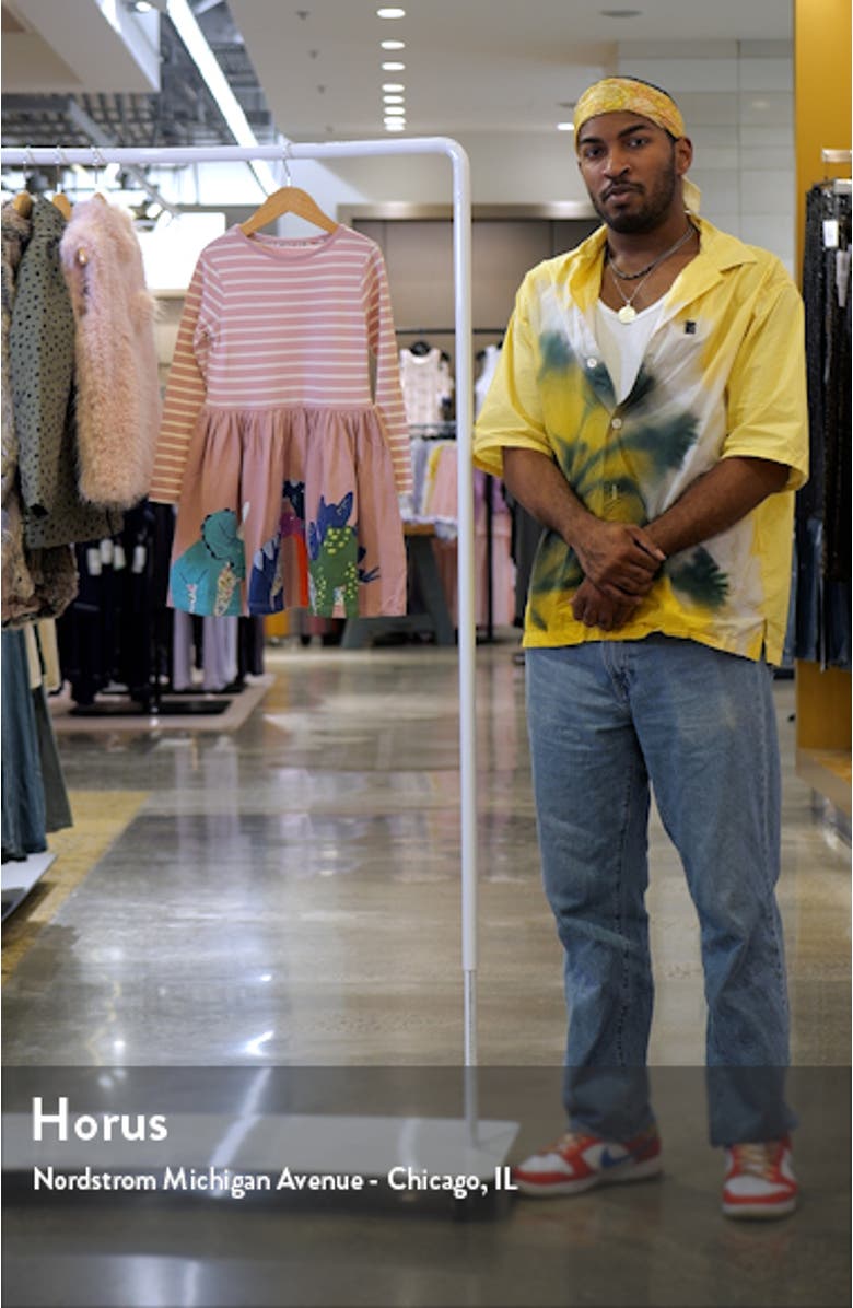 Kids' Dino Appliqué Stripe Long Sleeve Cotton Dress, sales video thumbnail