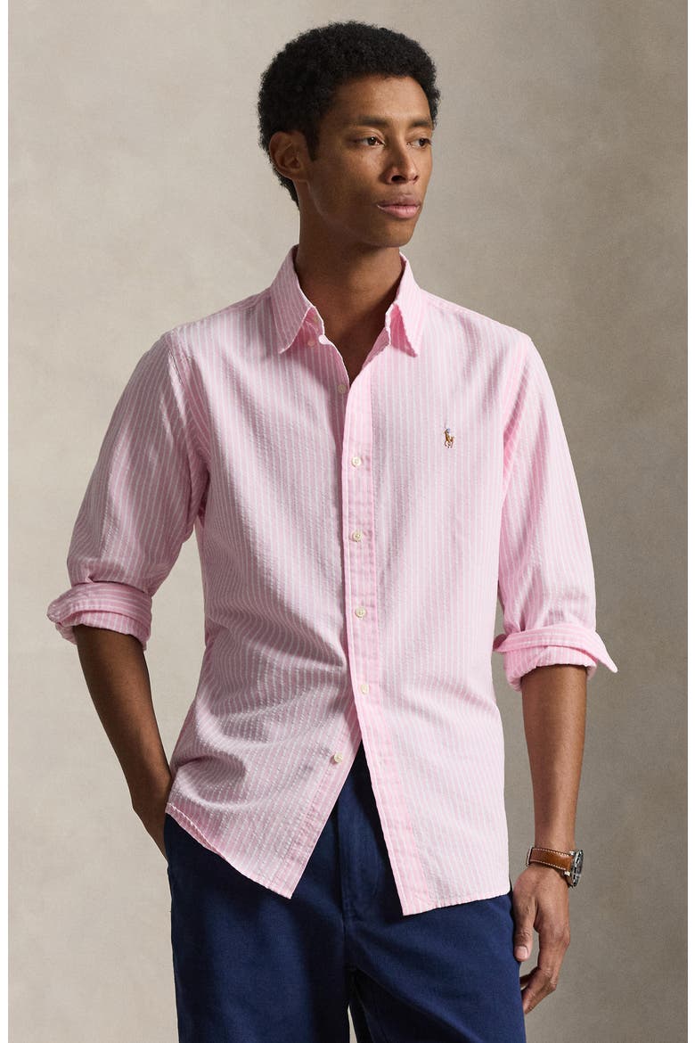 Classic Fit Stripe Cotton Seersucker Button-Down Shirt, Alternate, color, 7124B NEW ROSE WHITE