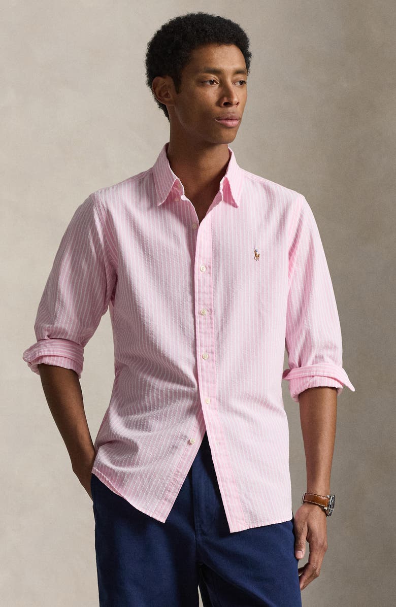 Polo Ralph Lauren Classic Fit Stripe Cotton Seersucker Button-Down Shirt, Alternate, color, 7124B New Rose White