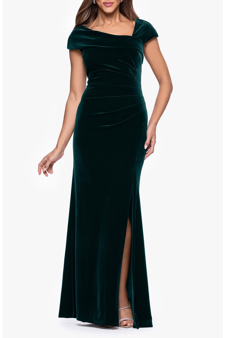 Asymmetric Neck Cap Sleeve Stretch Velvet Gown, Main, color, HUNTER
