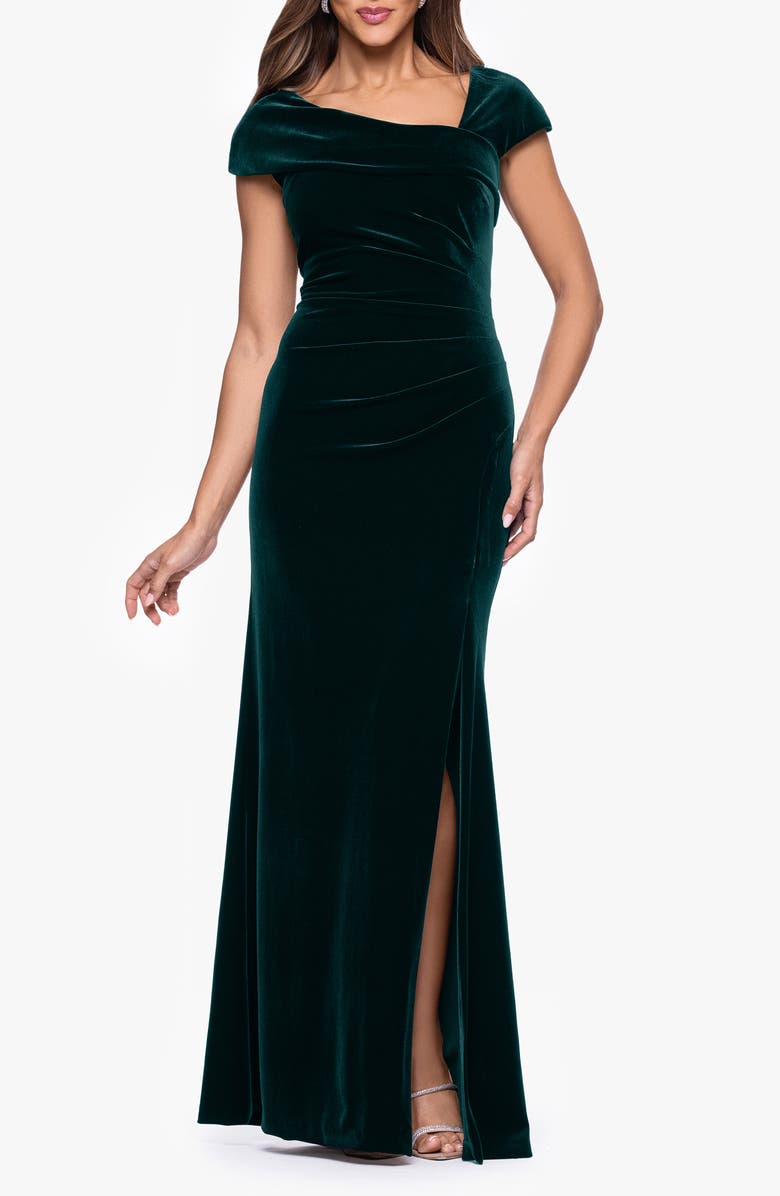 Xscape Evenings Asymmetric Neck Cap Sleeve Stretch Velvet Gown, Main, color, Hunter